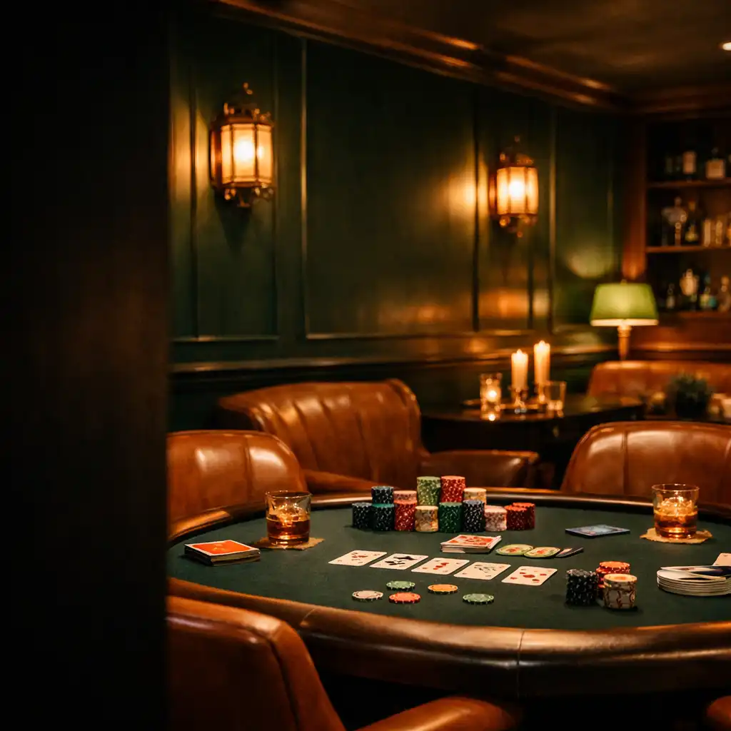 Lantern-lit Card Lounge with leather seating and a timber-edged felt poker table