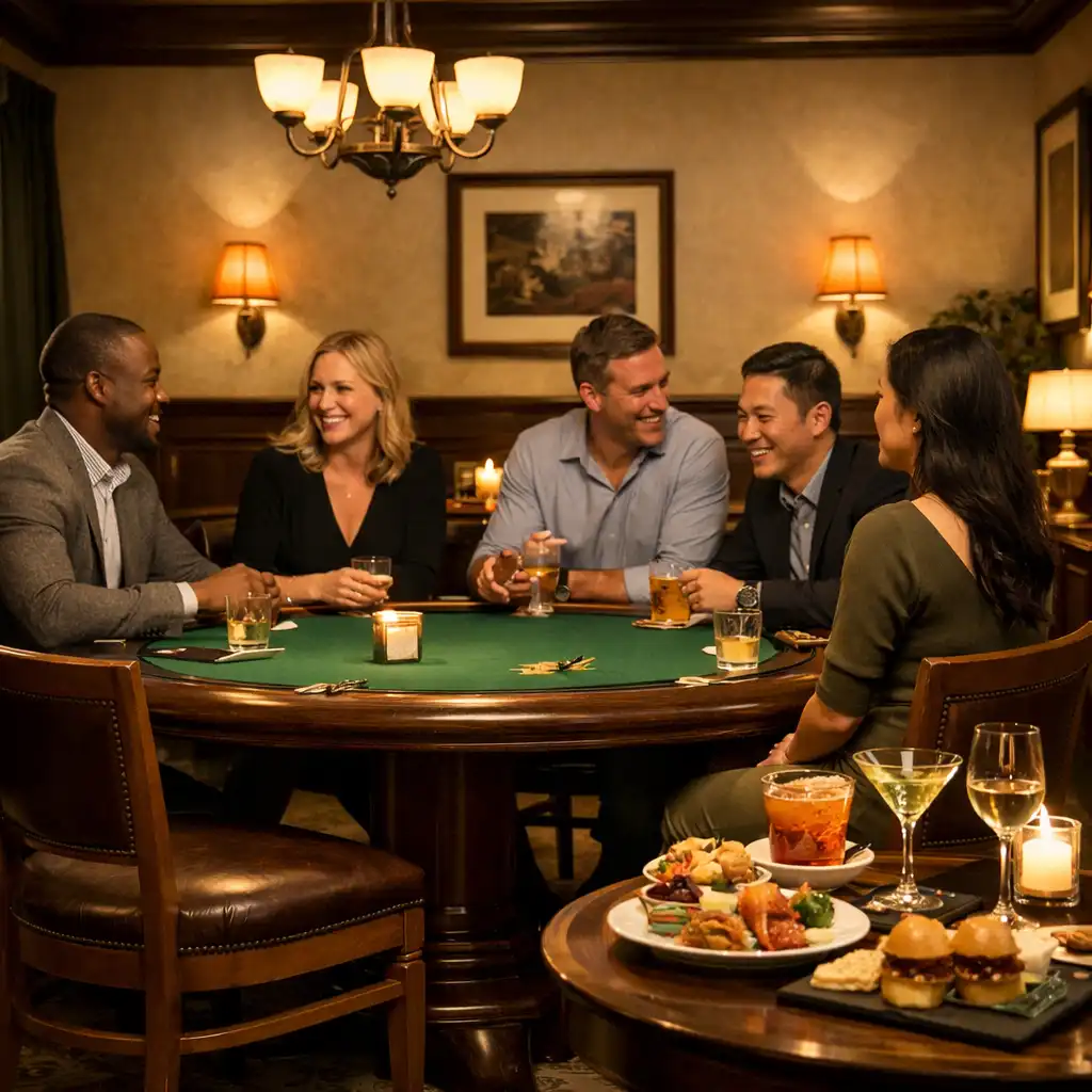 A refined Card Lounge with a green felt poker table, cocktails and guests in conversation