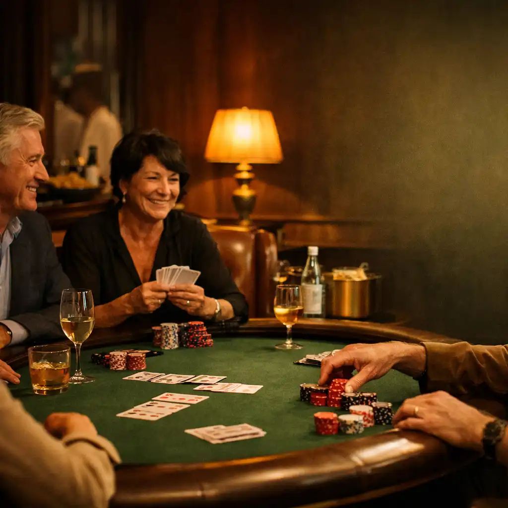Friends talking around a green felt poker table with playing chips in a leather-seated card lounge