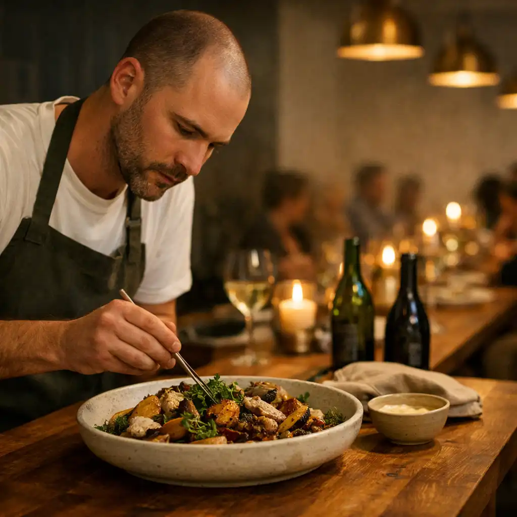 A chef finishing a shared dish at a timber pass during a candlelit restaurant event.