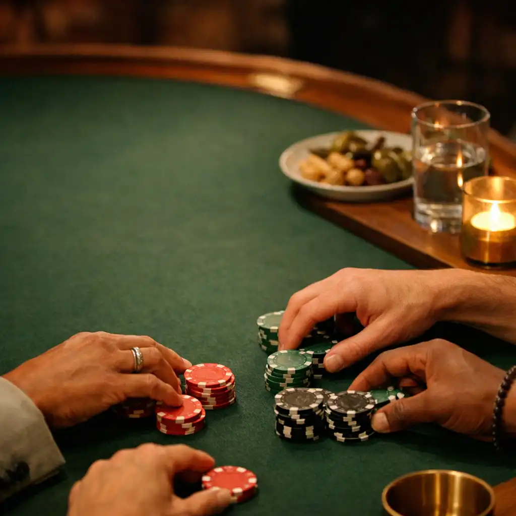 Hands arranging playing chips on a deep green felt table beside a shared plate and candlelight.