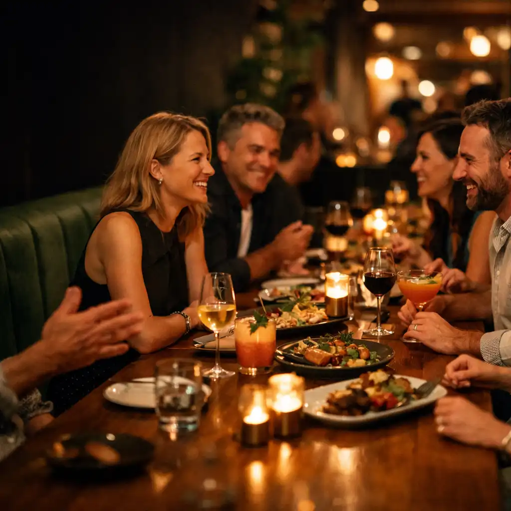 Friends sharing food, cocktails and conversation around a candlelit timber table at Lantern and Lore.
