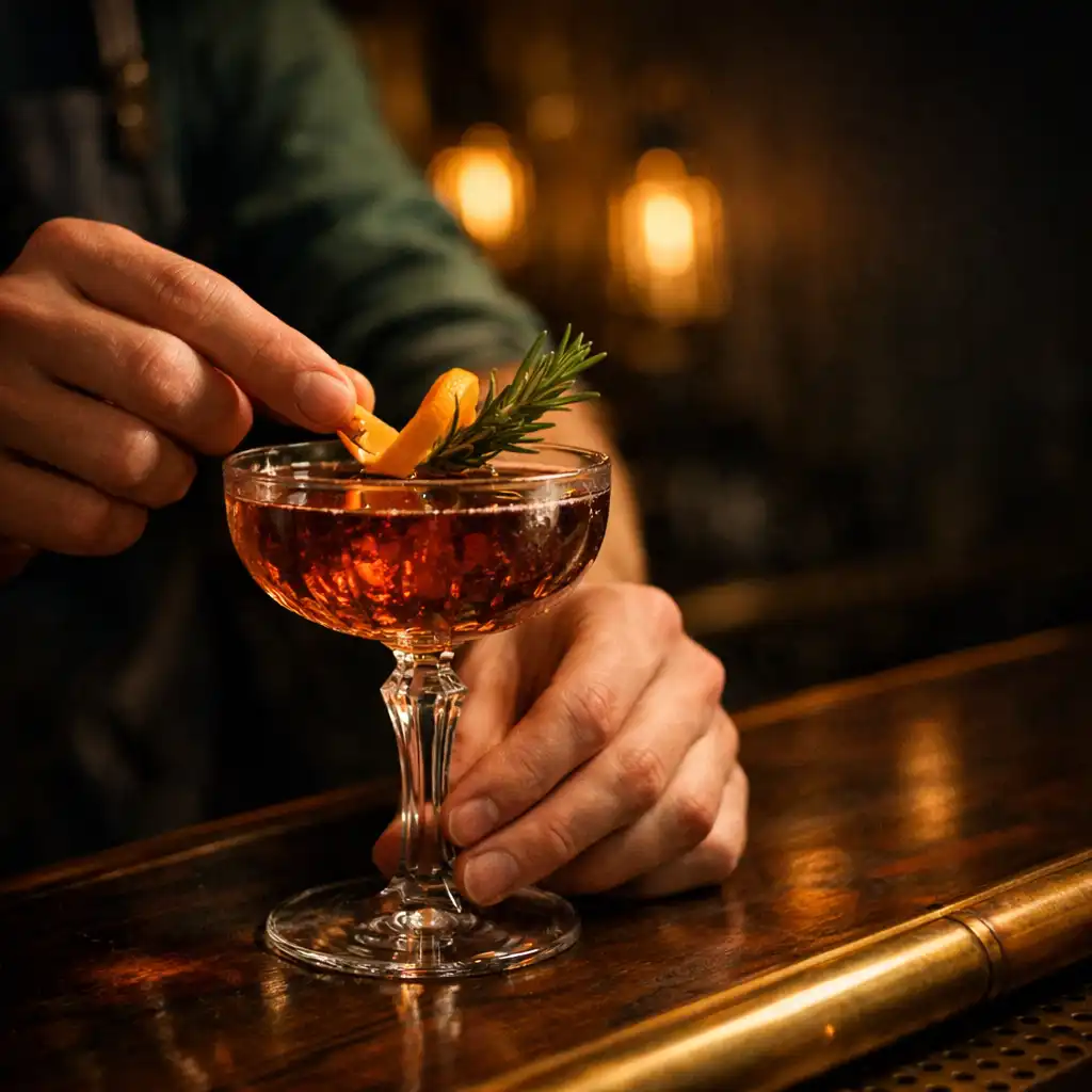 Bartender finishing a handcrafted cocktail beside brass details at a dark timber bar.
