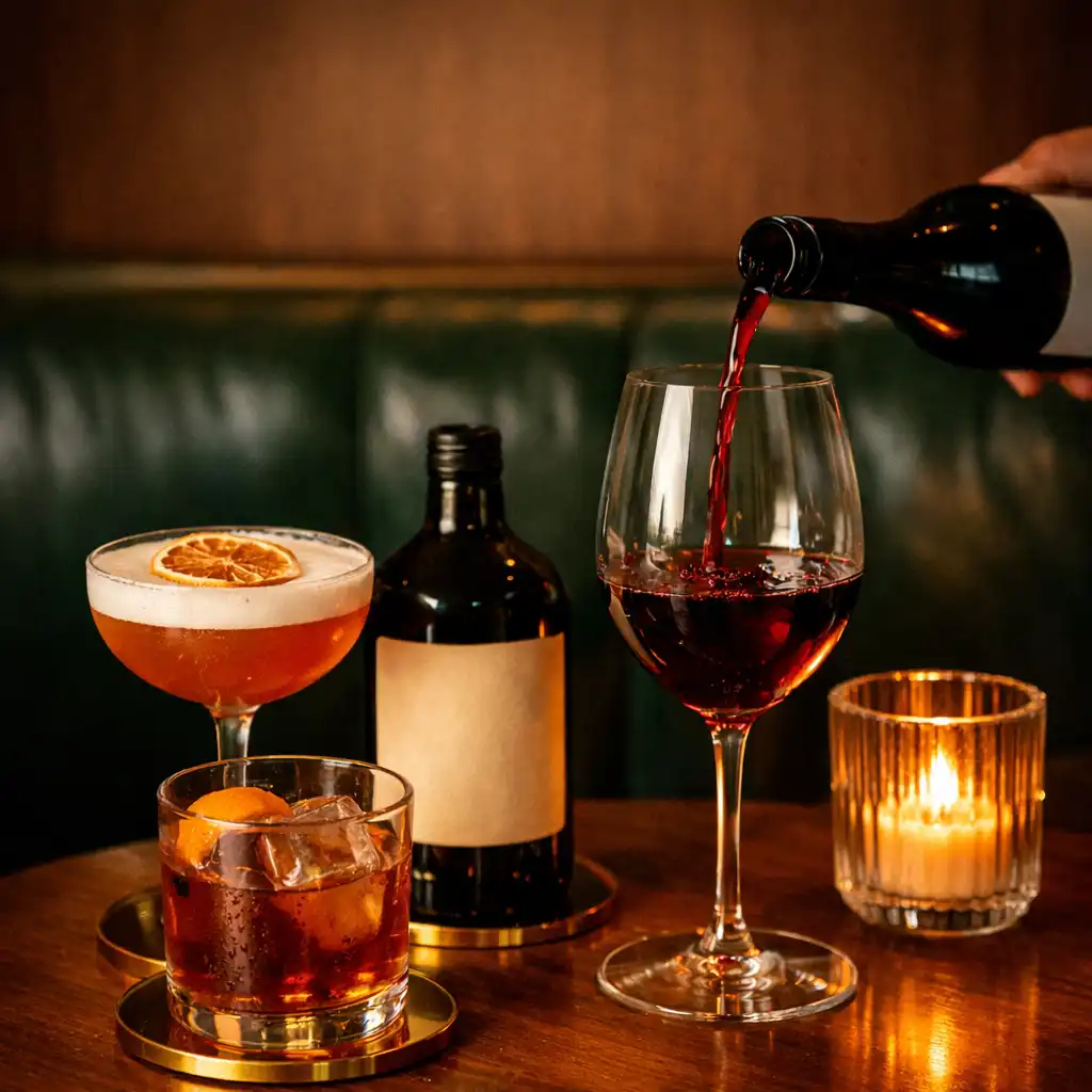 Two handcrafted cocktails beside a local wine pour on a candlelit timber table.