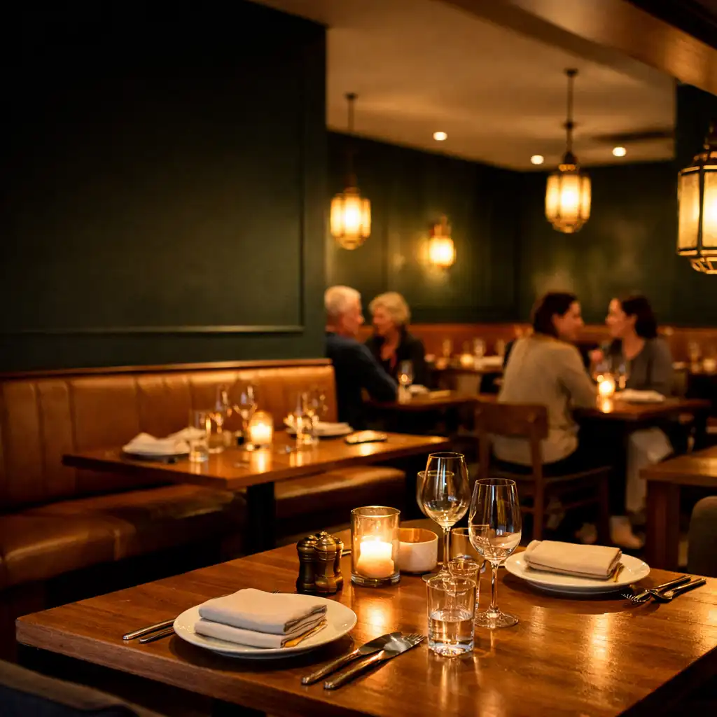 Lantern-lit dining room at Lantern & Lore with timber tables, leather seating and a foreground place setting.
