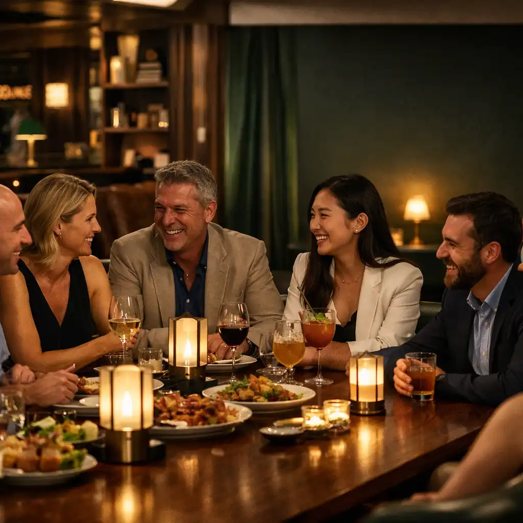Adult friends and colleagues enjoying shared dishes, drinks and conversation around a long timber table.
