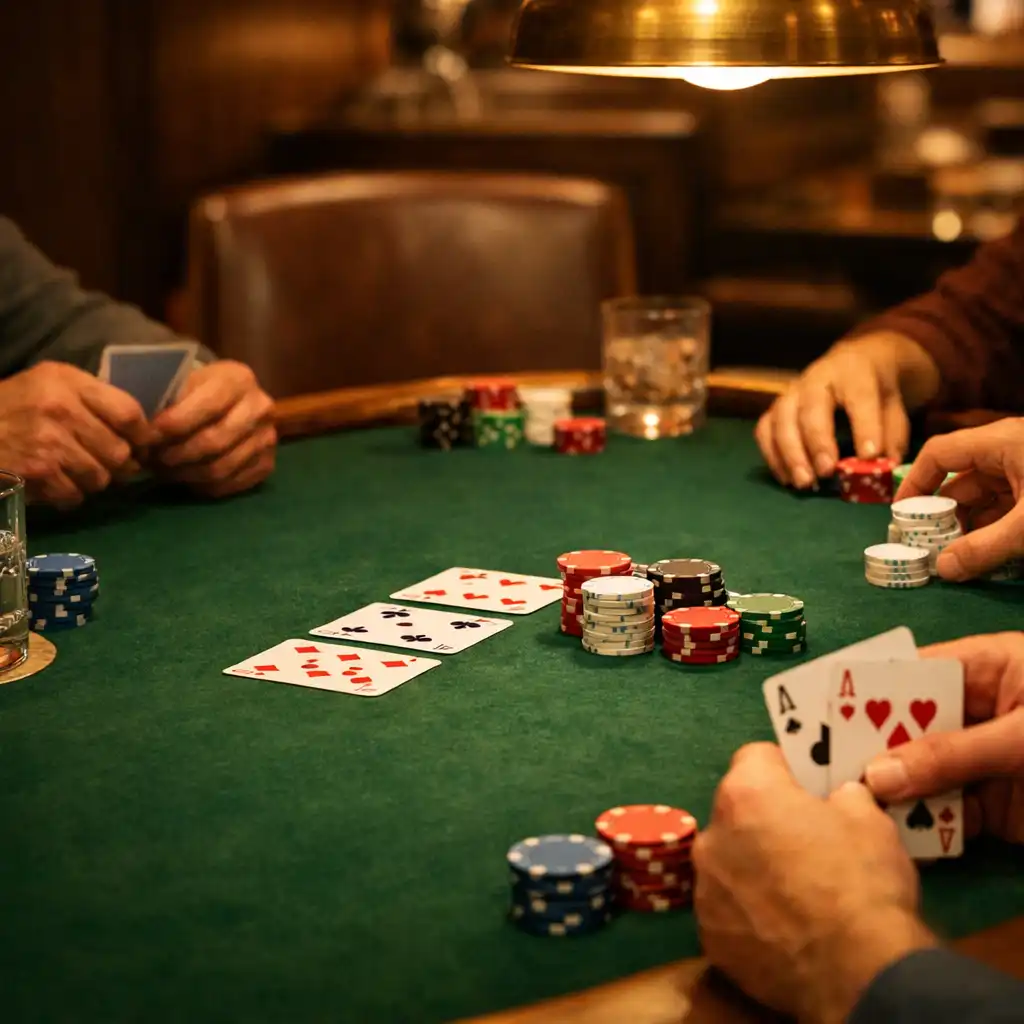 Adult hands around a deep green felt Poker Table with playing chips, cards and water glasses.