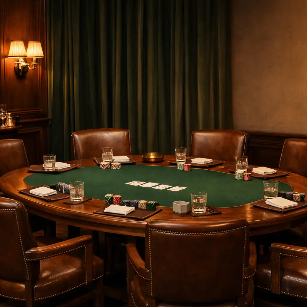 A quiet private Card Room with a timber Poker Table, green felt, leather chairs and brass wall lights.