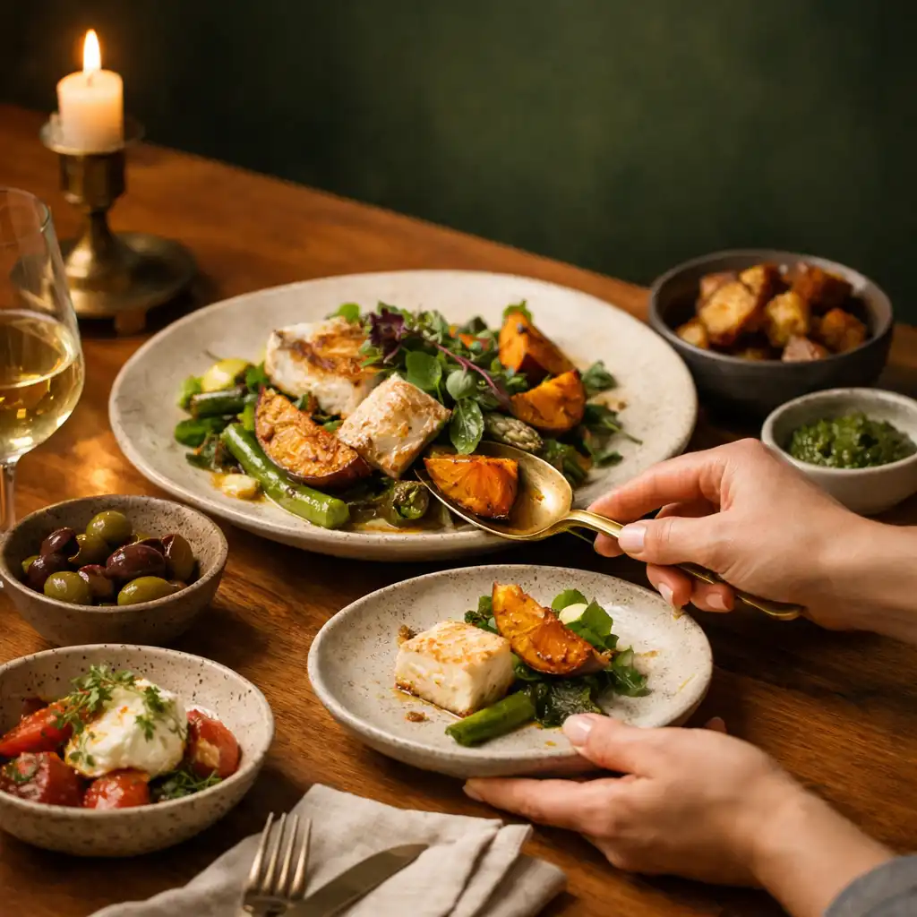 A seasonal shared plate on a timber table as a diner reaches in to serve food.