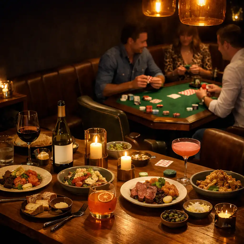 Friends sharing contemporary dishes and drinks beside a green felt card table in a warmly lit restaurant