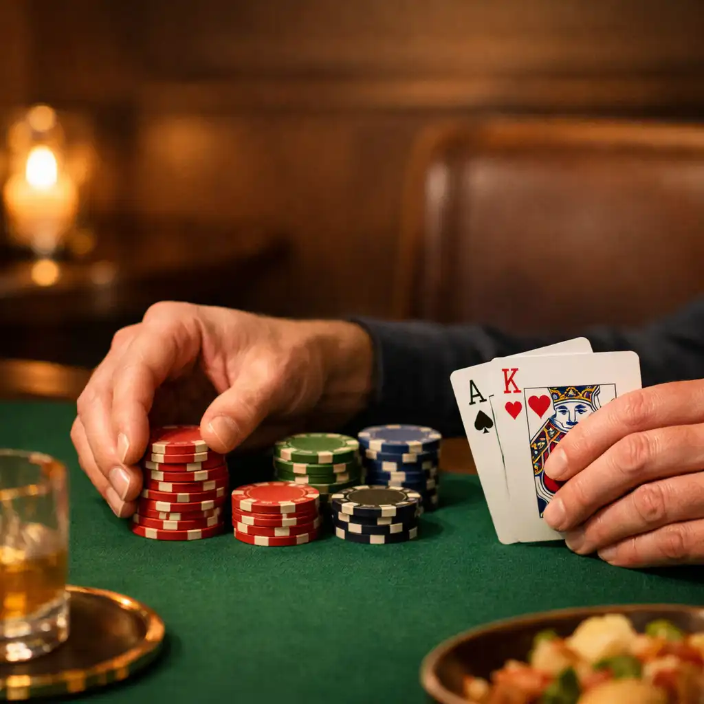 Hands arranging playing chips and cards on a green felt poker table beside a shared plate.