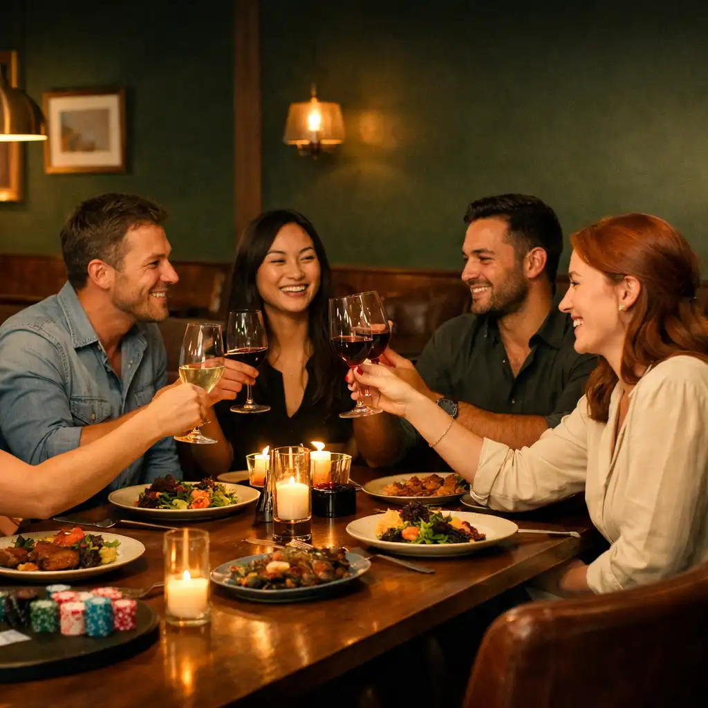 Friends sharing dinner and local wine near a felt-topped table prepared with playing chips for social poker.