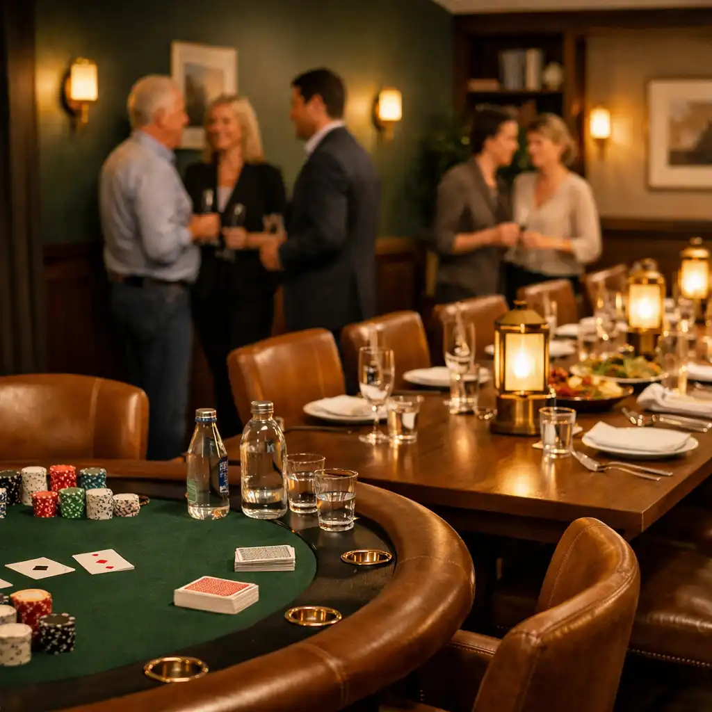 Private card room prepared with leather chairs, shared dining settings and a dedicated poker table
