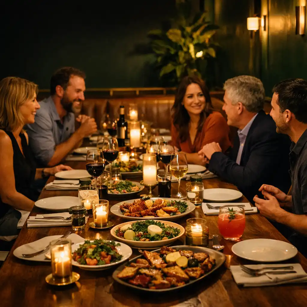 Guests talking around a candlelit timber table set for a private dinner at Lantern and Lore