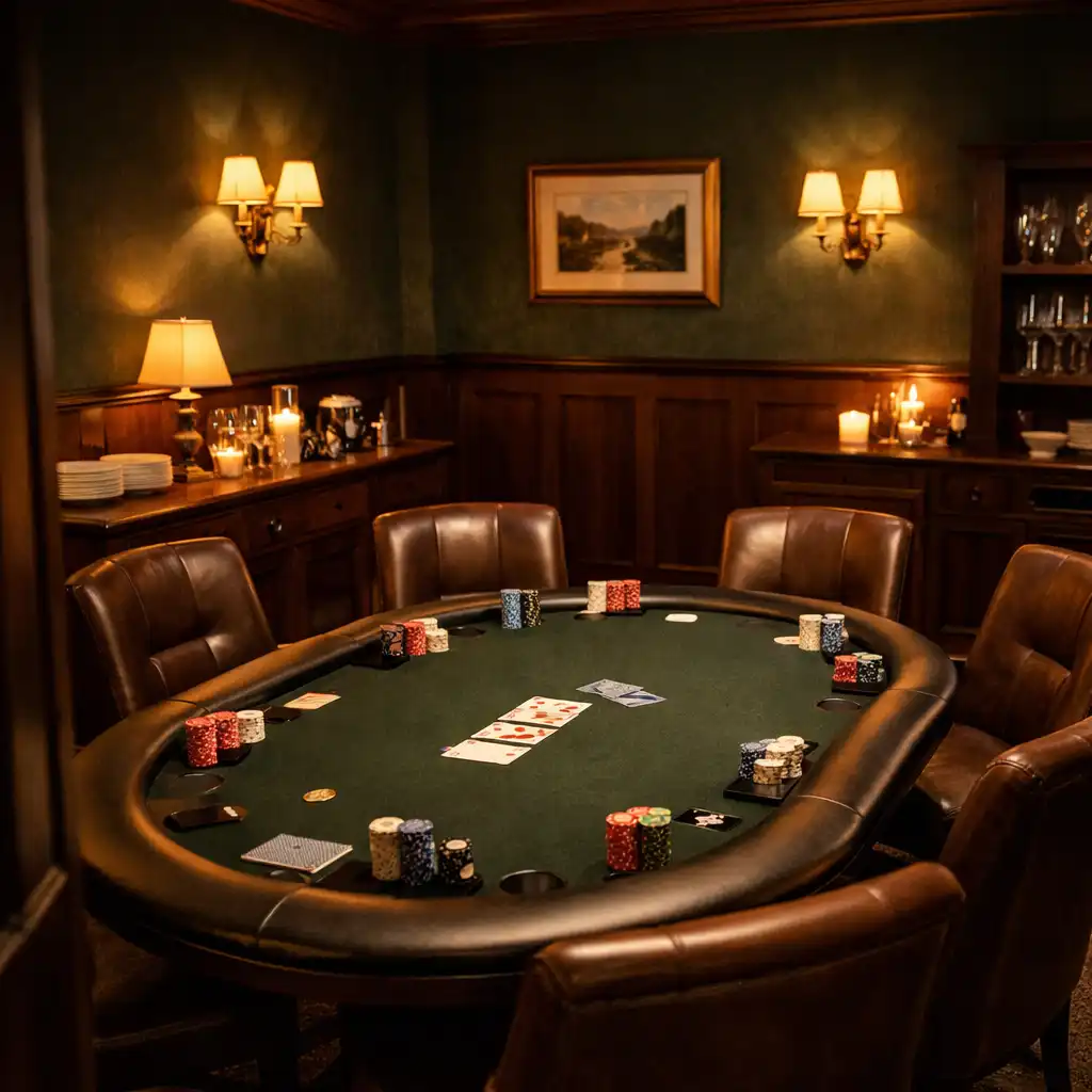 Prepared green felt poker table and leather seating in Lantern & Lore's intimate private poker lounge.