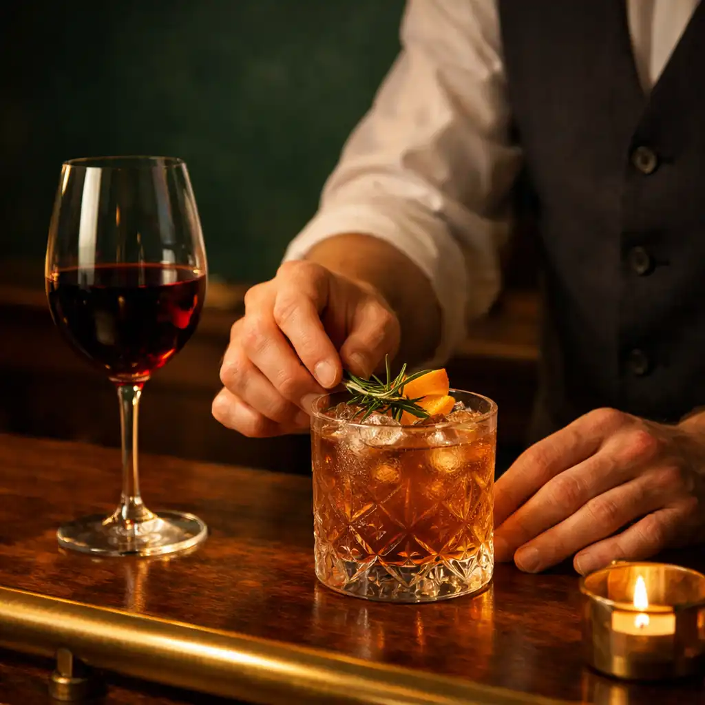 Bartender finishing a cocktail beside a pour of local wine