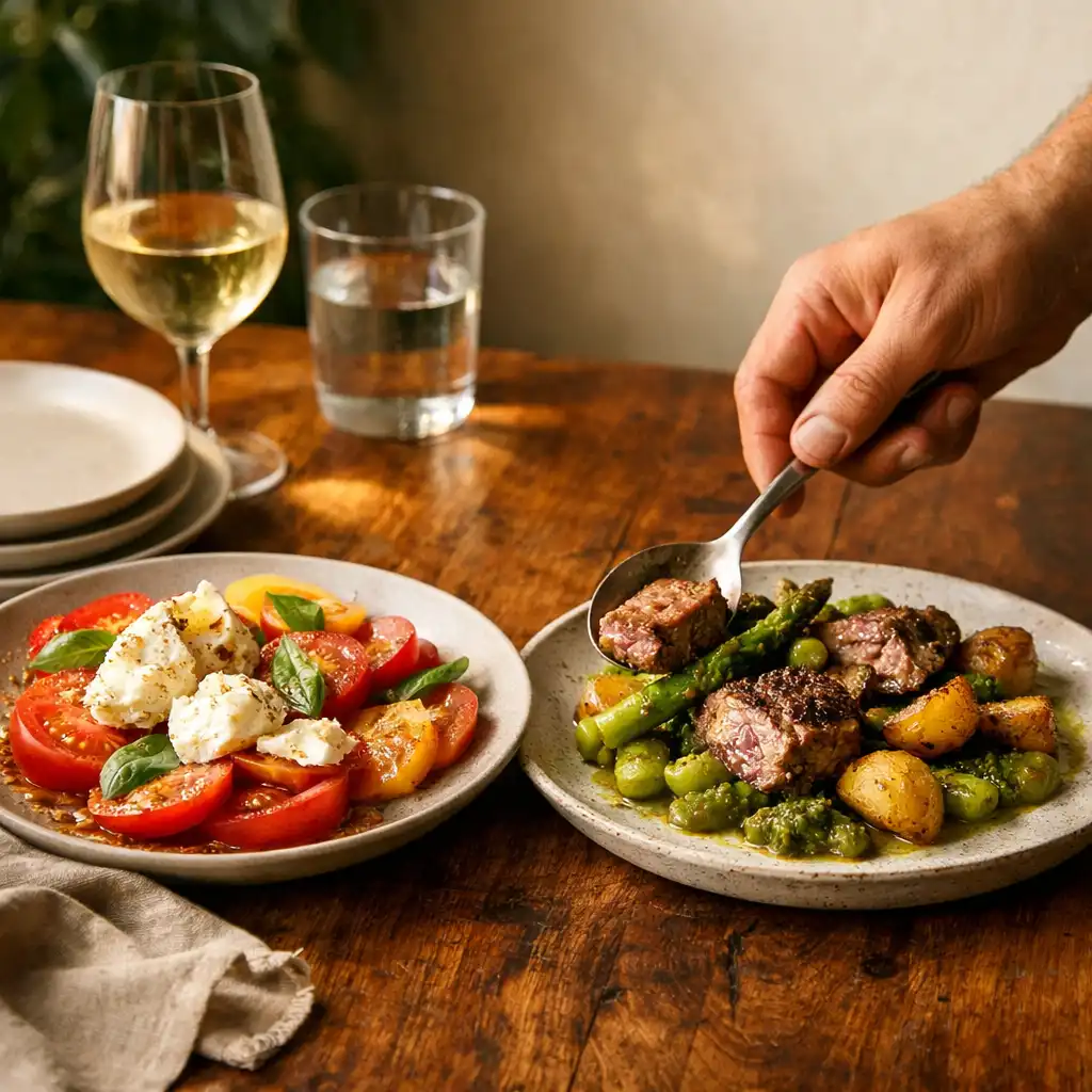 Seasonal shared plates being served on a timber table
