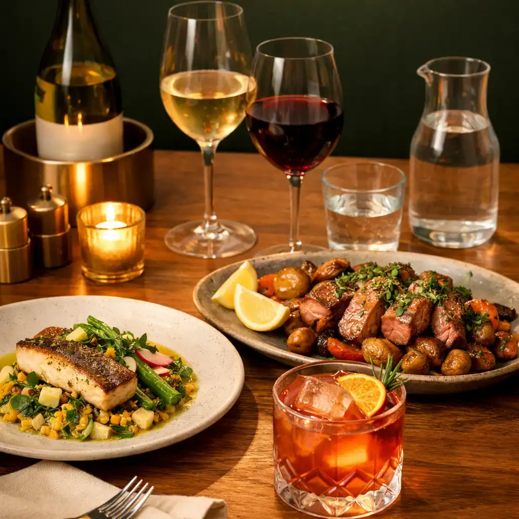 Seasonal plated food, a shared dish and a handcrafted cocktail on a timber restaurant table