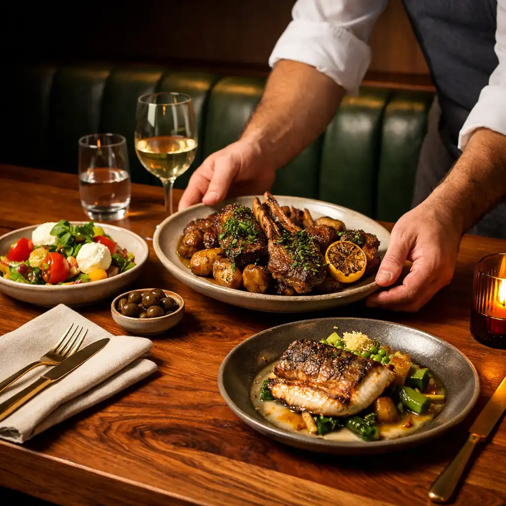 Chef’s hands placing shared plates on a warmly lit timber table at Lantern and Lore.