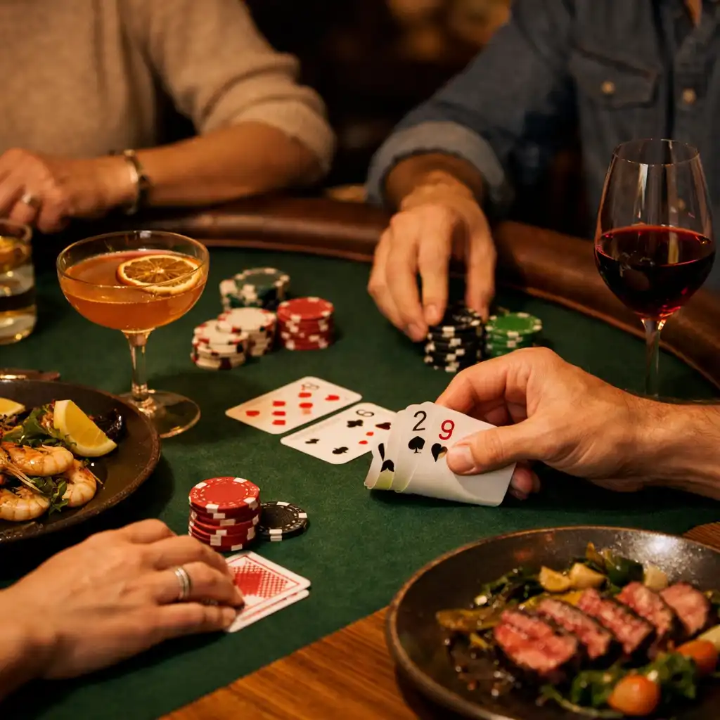 Hands arranging playing chips and cards beside shared plates and drinks at a green felt table